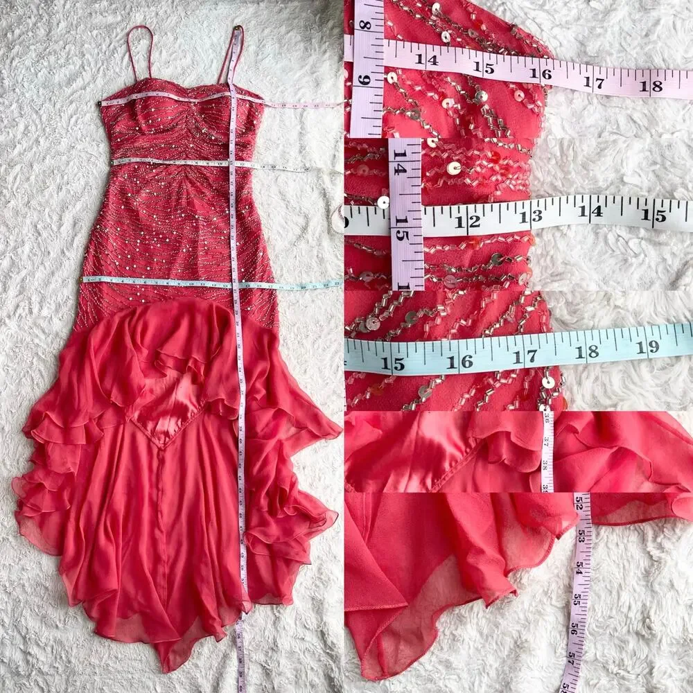 Scala prom dress coral pink 100% silk ruffle hem slip gown beaded sequin‎ formal